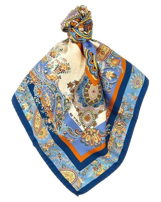 Etro Blue Printed Silk Scarf Scarves, Foulards