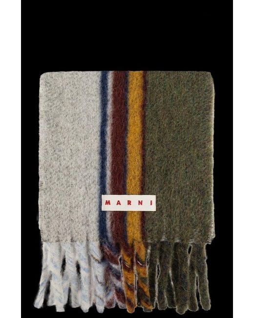 Marni Black Logo Patch Striped Knit Fringed Scarf for men
