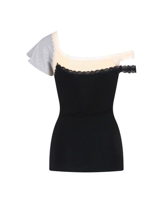 ALL-IN Black Lace Trim Asymmetric Top