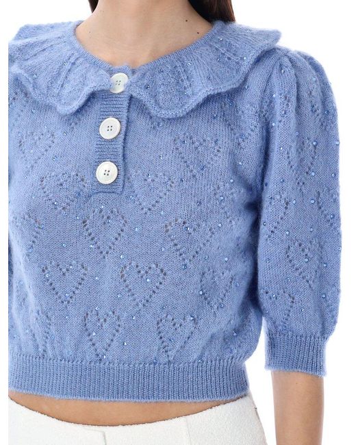 Alessandra Rich Blue Embellished Short Puff Sleeved Knitted Top