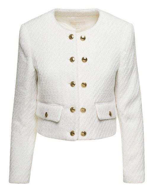 MICHAEL Michael Kors White Cropped Jacket With Golden Buttons In Tweed
