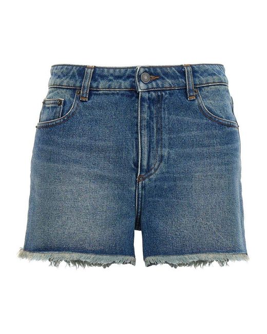 AMI Blue Paris Mid-rise Frayed Denim Mini Shorts