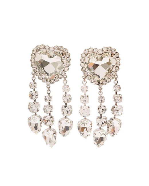 Alessandra Rich White Colored Heart-Shaped Clip-On Earrings With Crystal Pendants