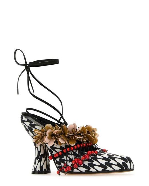 Dries Van Noten White Graphic Printed Embellished Ankle Strap Sandals