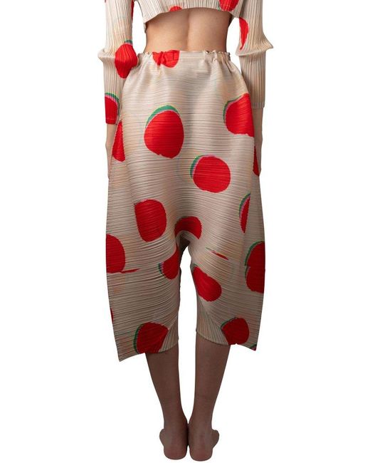 Pleats Please Issey Miyake Red Bean Dots High-waist Drop-crotch Trousers