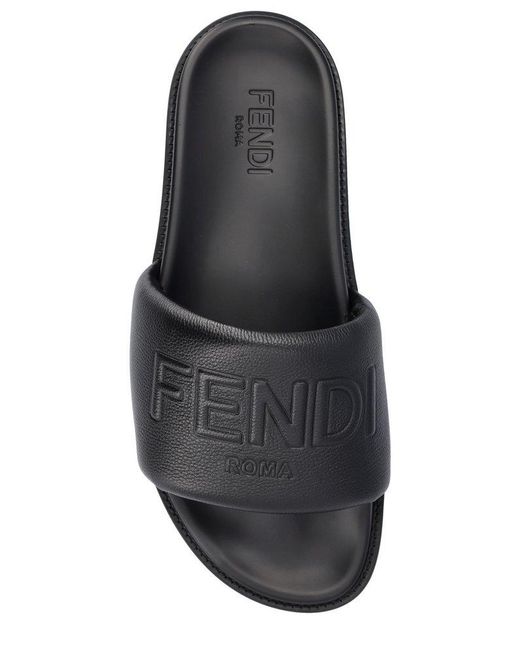 Fendi Black Roma Logo Embossed Slides for men