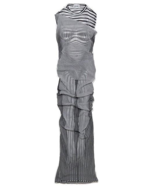 Jean Paul Gaultier Gray Double-Layered Striped Long Dress
