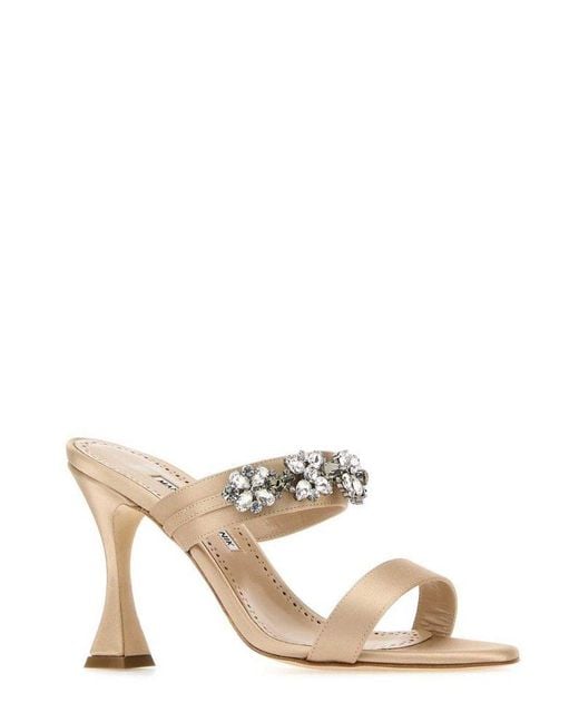 Manolo Blahnik Natural Persan Embellished Satin Sandals