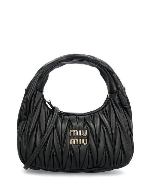 Miu Miu Black Wander Matelassé Logo Plaque Mini Hobo Bag