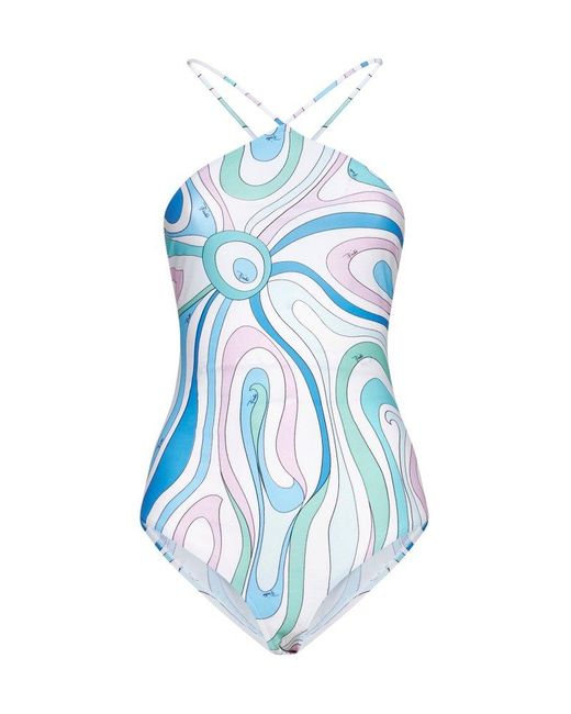 Emilio Pucci Blue Marmo-printed Halterneck Swimsuit