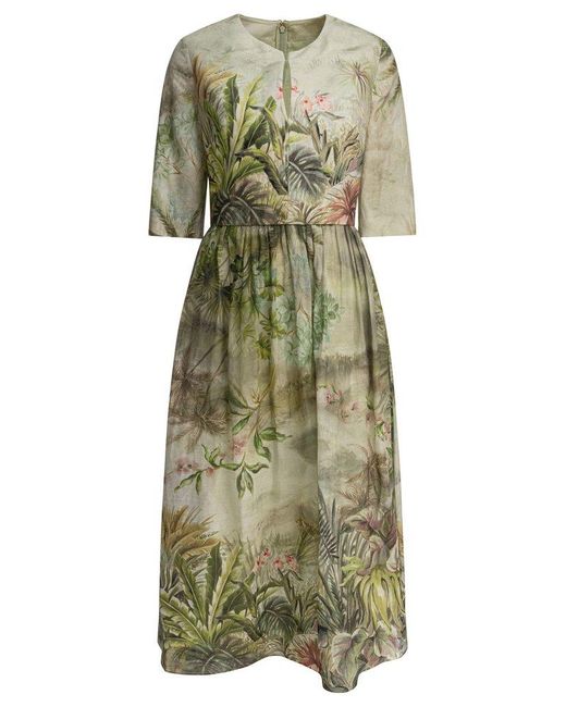 Elie Saab Green Printed Linen And Silk Midi Dress Oasis Ii38 Linen
