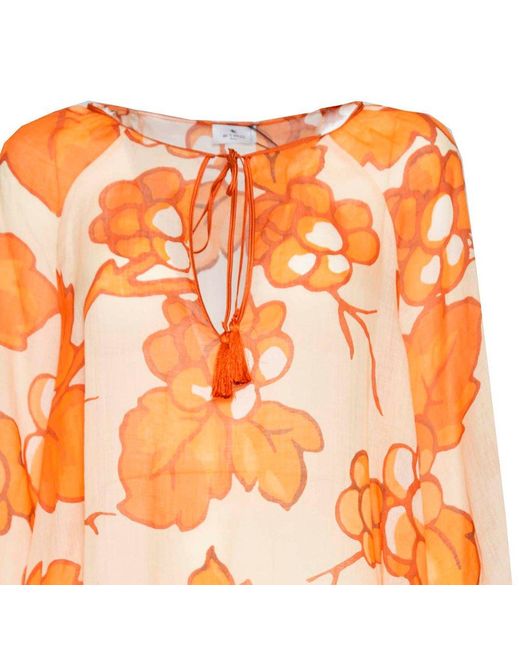 Etro Orange Floral Printed Long Sleeved Blouse