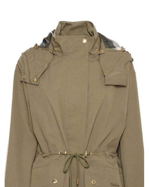 Barbour Green Logo Embroidered Drawstring Waist Hooded Coat
