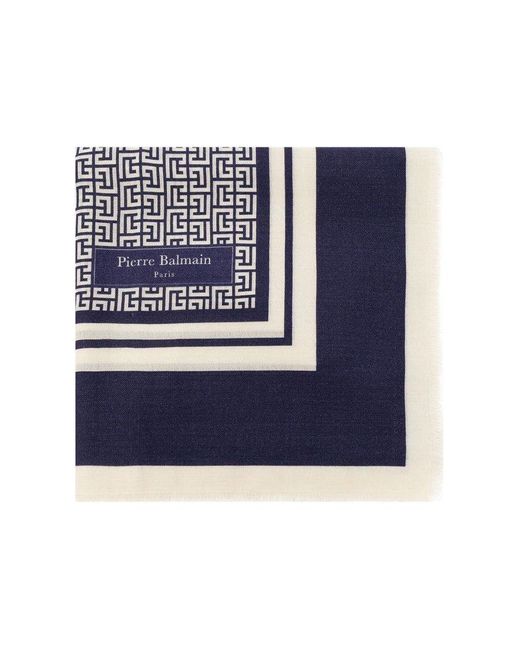 Balmain Blue Monogrammed Wool Scarf