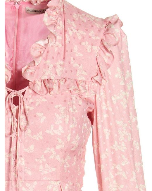 Alessandra Rich Pink Floral Printed Long Sleeved Mini Dress
