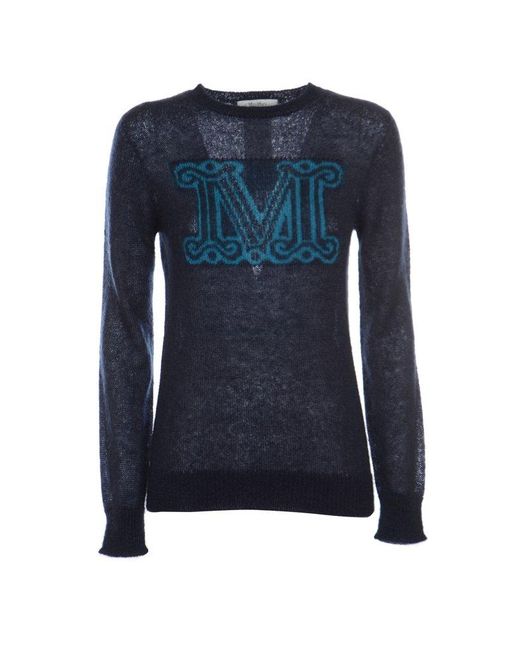 Max Mara Wool Chantal Logo Intarsia Crewneck Sweater in Blue | Lyst