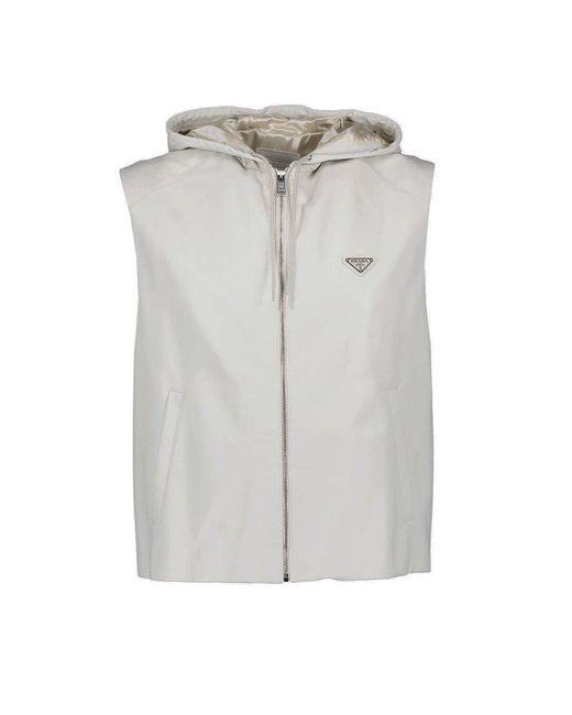 Prada Gray Logo Plaque Hooded Leather Vest for men