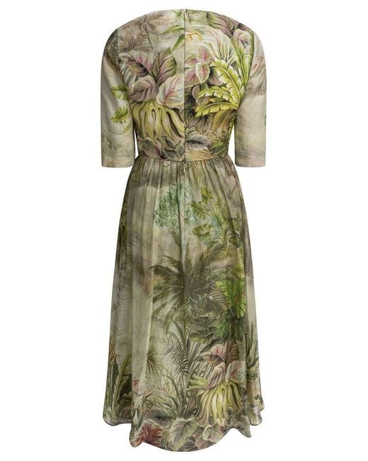 Elie Saab Green Printed Linen And Silk Midi Dress Oasis Ii38 Linen