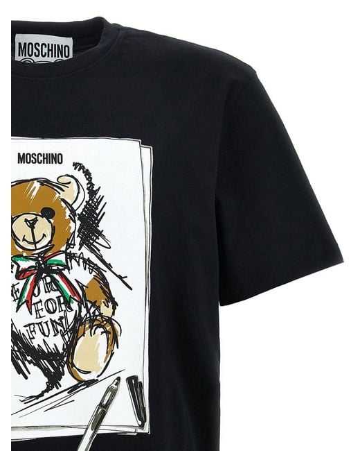 Moschino Black Teddy Bear Logo Crew Neck Tee for men