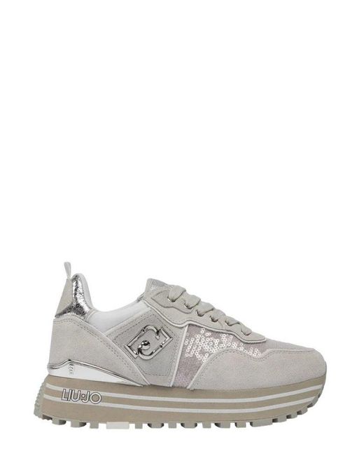 Liu Jo White Sequin-Embellished Lace-Up Sneakers