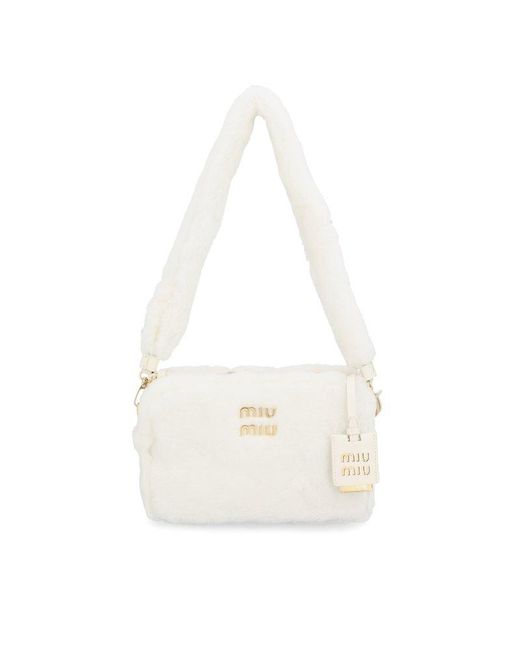 Miu Miu White Logo Plaque Zipped Fur Shoulder Bag