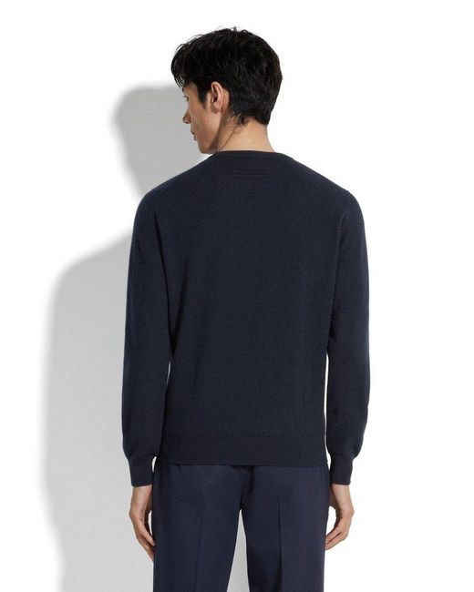 Zegna Blue Crewneck Ribbed Knit Jumper for men