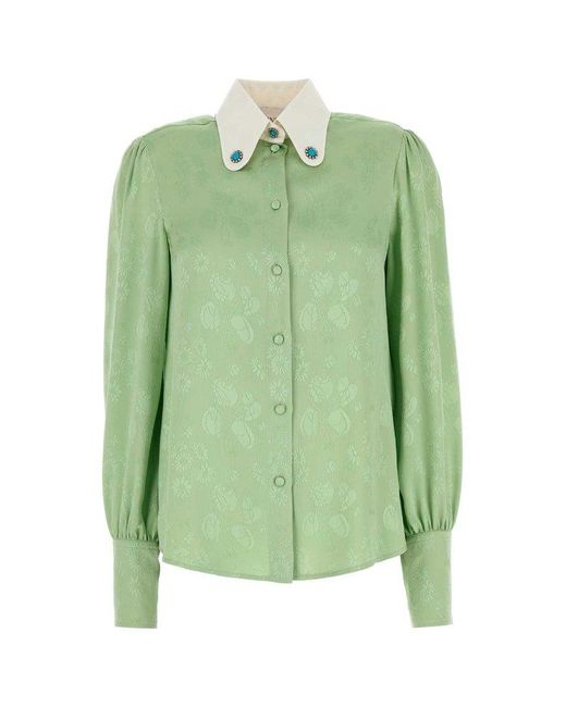 Valentino Green Floral Patterned Button-Up Top