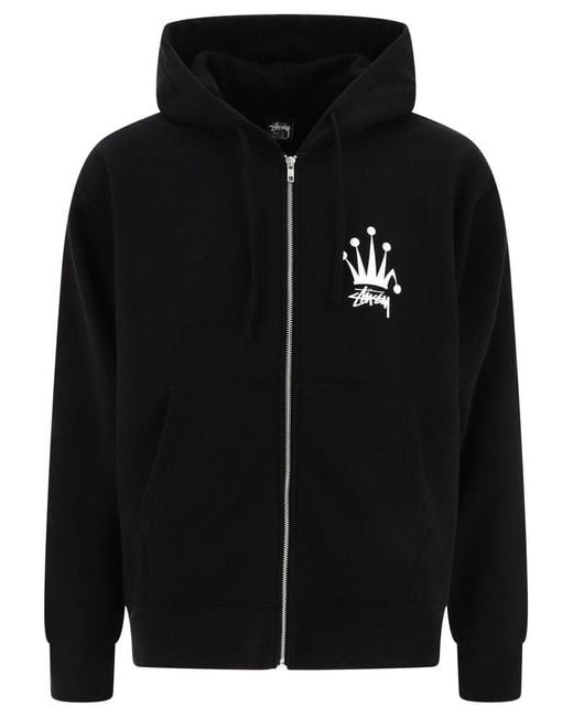 Stussy Black Regal Crown Zipped Drawstring Hoodie for men