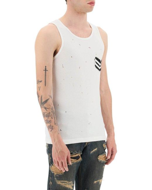Dolce & Gabbana White Distressed Rib Tank Top With Patch for men