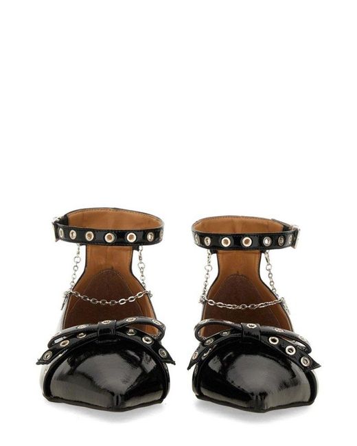 Ganni Black Bow-Detailed Ankle Strap Ballet Flats