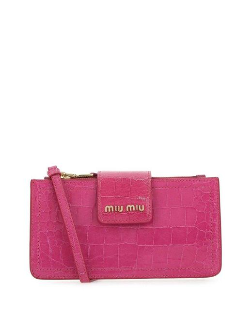 Miu Miu Pink Logo Plaque Embossed Zipped Clutch Bag