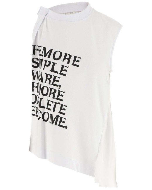 Sacai White Slogan Printed Asymmetric T-shirt