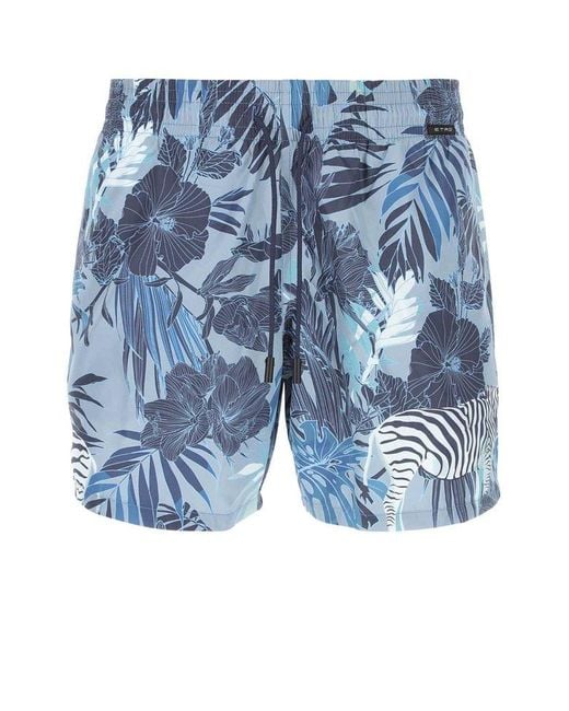Etro Blue Floral Print Drawstring Swim Shorts for men