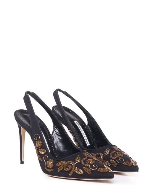 Manolo Blahnik Black Floral-embroidered Pointed Toe Pumps