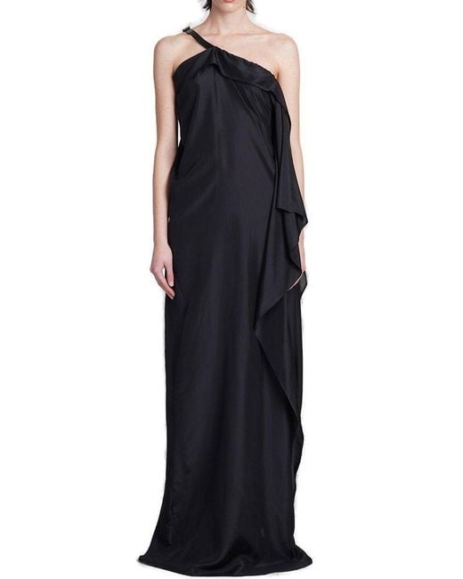 Ann Demeulemeester Blue Asymmetric Neck Maxi Satin Dress