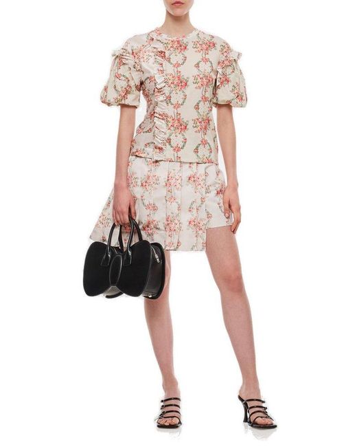 Simone Rocha White Floral-Print Pleated Asymmetric Skorts