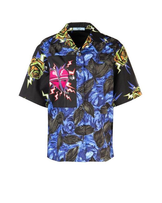 Prada Blue Pattern-printed Short-sleeved Shirt