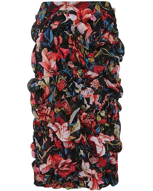 Comme des Garçons Red Graphic Printed Ruched Midi Skirt