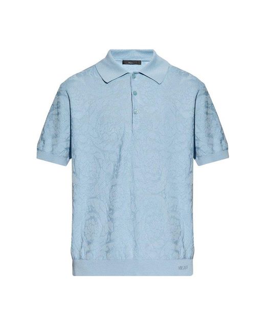 Versace Blue Polo Shirt With Barocco Pattern, for men