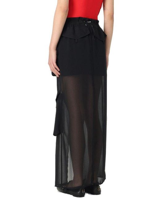 Pinko Black Front-Slit Drawstring Sheer Cargo Midi Skirt