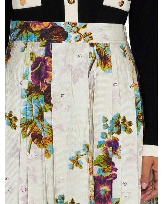 Tory Burch White Floral-printed Pleated Flared Skirt