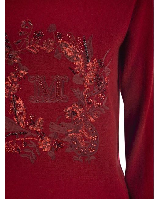 Max Mara Red Bari Wool And Cashmere Sweater With Embroidery