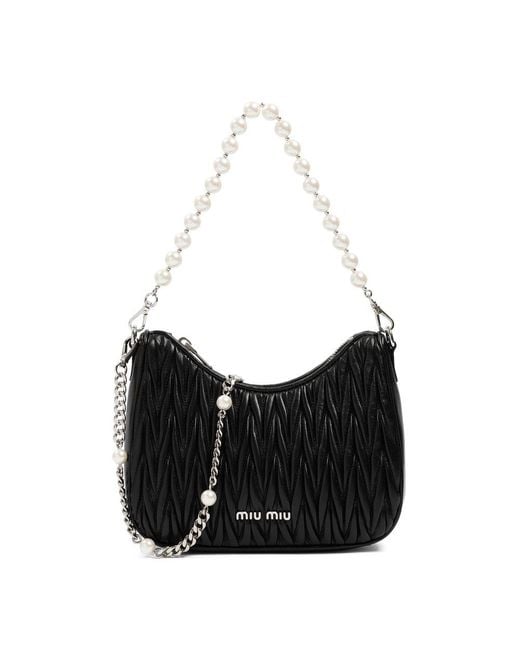 Miu Miu Black Matelassé Pearl Embellished Shoulder Bag