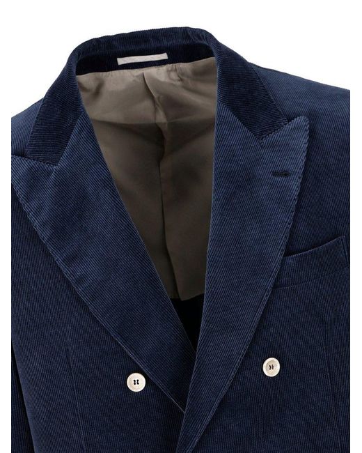 Brunello Cucinelli Blue Double-breasted Pleated Tailored Suit for men