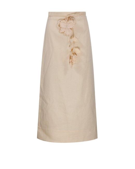 Zimmermann Natural Floral-detailed Drawstring Midi Skirt