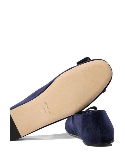 Ferragamo Blue Vanna Bow-Detailed Ballet Flats