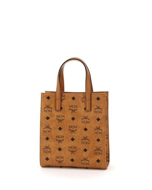 MCM Brown Logo Print Mini Tote Bag