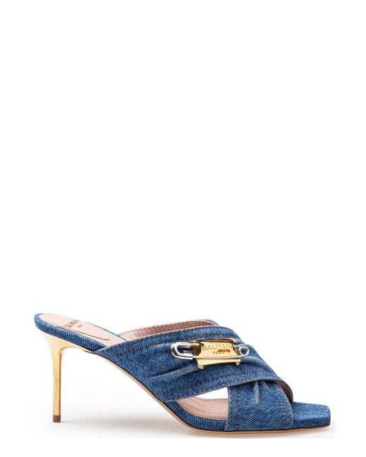 Balmain Blue Denim Safety Pin Mules