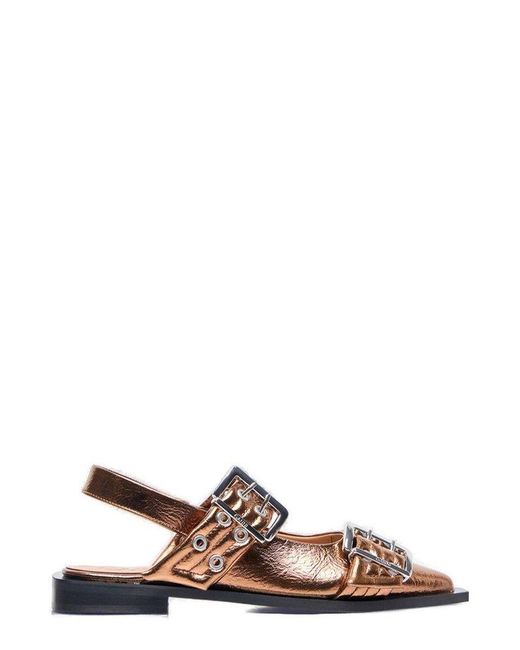 Ganni Brown Metallic Effect Buckle Ballerinas