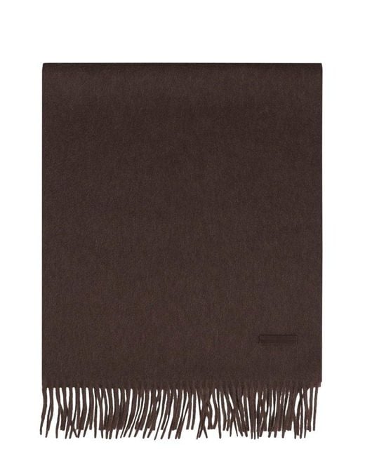Zegna Brown Logo Patch Fringed-Edge Scarf for men
